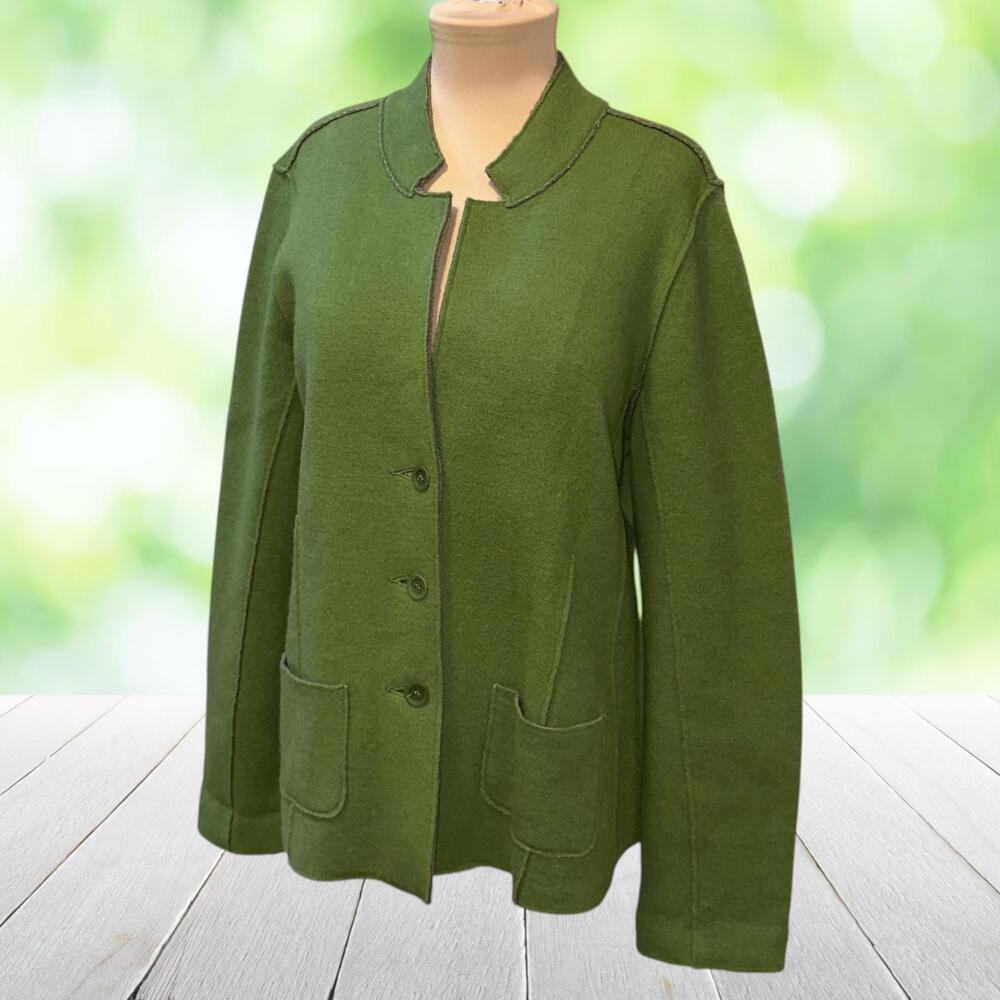 EILEEN FISHER Merino Wool Knit Jacket Notch Collar Button Up Pockets Green Sz M